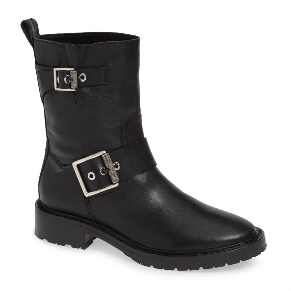 rag & bone Black Leather Combat Moto Boots with Silver Buckles